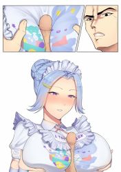 Rule 34 | 1boy, 1girl, band-width, blue gloves, blue hair, blush, braid, braided bun, breasts, clenched teeth, commission, dress, gloves, hair bun, hair ornament, hairclip, large breasts, maid, maid headdress, nose blush, original, paizuri, paizuri over clothes, penis, personification, pillow, purple eyes, simple background, tagme, teeth, uncensored, veins, veiny penis, white background, white dress