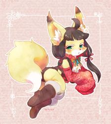 Rule 34 | black hair, boots, dog, furry, green eyes, long hair, shimabo, twintails