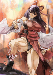 Rule 34 | 1girl, bare shoulders, black hair, boots, breasts, brown eyes, clenched hand, detached sleeves, hachimaki, headband, large breasts, leotard, m.u.g.e.n, ofuda, original, sendai hakurei no miko, solo, torn clothes, touhou, v-shaped eyebrows, wide sleeves, yohane