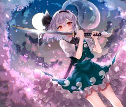 Rule 34 | 1girl, :&lt;, black bow, black bowtie, black hairband, bob cut, bow, bowtie, buttons, cherry blossoms, closed mouth, collared shirt, commentary request, falling petals, frilled skirt, frills, full moon, green skirt, green vest, hairband, hitodama print, holding, holding weapon, katana, konpaku youmu, konpaku youmu (ghost), looking at viewer, moon, night, outdoors, petals, petticoat, puffy short sleeves, puffy sleeves, red eyes, sakizaki saki-p, shirt, short hair, short sleeves, silver hair, skirt, solo, standing, sword, thighs, touhou, tree, vest, weapon, white shirt, wing collar