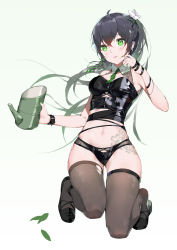 Rule 34 | 1girl, absurdres, ahoge, bad id, bad pixiv id, black footwear, black panties, black shirt, black thighhighs, blush, bodhi wushushenghua, braid, chinese commentary, commentary request, crop top, flower, flower tattoo, green eyes, green necktie, hair between eyes, hand up, highres, holding, kneeling, leaf, long hair, looking at viewer, midriff, navel, necktie, original, panties, parted lips, sandals, see-through, see-through legwear, shirt, sidelocks, simple background, smile, solo, stomach, tattoo, thighhighs, torn clothes, torn thighhighs, underwear, very long hair, white background, white flower