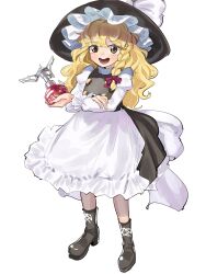 Rule 34 | 1girl, absurdres, apron, backpacking stove, black dress, black footwear, blonde hair, boots, bow, braid, commentary, double dealing character, dress, frilled hat, frills, full body, gunnjou yosio, hair bow, hand on own arm, hat, highres, holding, holding stove, kirisame marisa, long hair, looking at viewer, open mouth, parody, portable stove, purple bow, single braid, solo, touhou, white apron, white background, witch hat, yellow eyes
