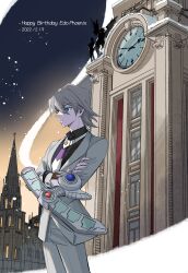 Rule 34 | 1boy, blue eyes, cityscape, clock, clock tower, clock tower prison, crossed arms, destiny hero - plasma, duel disk, edo phoenix, expressionless, feet out of frame, formal, grey hair, hair between eyes, happy birthday, highres, male focus, night, night sky, sayo (sayo4171999), short hair, sky, solo focus, standing, suit, tower, white suit, yu-gi-oh!, yu-gi-oh! gx