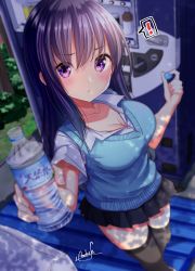 Rule 34 | !, 1girl, black skirt, black thighhighs, blush, bottle, breasts, cleavage, closed mouth, collared shirt, day, dress shirt, hair between eyes, highres, holding, holding bottle, large breasts, long hair, looking at viewer, mokufuu, original, outdoors, pleated skirt, purple eyes, purple hair, school uniform, shirt, short sleeves, signature, skirt, solo focus, spoken exclamation mark, sweater vest, thighhighs, vending machine, very long hair, water bottle, white shirt