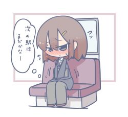 Rule 34 | 1girl, black jacket, black pantyhose, black skirt, blush, briefcase, brown eyes, brown footwear, brown hair, chair, character request, chibi, closed mouth, embarrassed, female focus, flying sweatdrops, formal, full body, hair ornament, hairclip, half-closed eyes, have to pee, holding, jacket, japanese text, jpeg artifacts, legs together, long sleeves, matching hair/eyes, miniskirt, motion lines, nose blush, ooyama bokuchi, own hands together, pantyhose, pencil skirt, shirt, shoes, short hair, sitting, skirt, skirt suit, solo, suit, sweat, thought bubble, translation request, v arms, white shirt