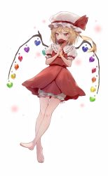 Rule 34 | 1girl, artist name, ascot, bare legs, barefoot, bloomers, blush, crystal, flandre scarlet, flower, frilled shirt collar, frilled sleeves, frills, full body, hat, hat ribbon, heart, highres, holding, holding flower, looking away, looking to the side, mob cap, nail polish, one side up, own hands together, perri (mnemosine), puffy short sleeves, puffy sleeves, red nails, red ribbon, red skirt, ribbon, short hair, short sleeves, skirt, solo, thigh gap, touhou, underwear, white hat, yellow ascot
