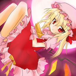Rule 34 | 1girl, bad id, bad pixiv id, blonde hair, blouse, female focus, flandre scarlet, from side, hair between eyes, hat, huna, lowres, mob cap, moon, red eyes, red moon, shirt, solo, touhou, white shirt, wings