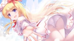 Rule 34 | 1girl, :d, blonde hair, blue eyes, blue sky, capelet, cherry blossoms, cloud, commentary request, day, dress, fairy wings, from below, hair ribbon, hat, highres, lily white, long hair, long sleeves, looking at viewer, lzh, open mouth, outdoors, outstretched arm, panties, panties under pantyhose, pantyhose, petals, red neckwear, red ribbon, ribbon, sky, smile, solo, touhou, underwear, upskirt, very long hair, white capelet, white dress, white panties, white pantyhose, wings
