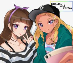 Rule 34 | 2girls, :p, amamiya elena, amanogawa kirara, bad id, bad pixiv id, baseball cap, black hat, black shirt, blonde hair, blouse, blurry, blurry foreground, breast tattoo, breasts, brown hair, cellphone, character name, chest tattoo, cleavage, closed mouth, collarbone, dark-skinned female, dark skin, depth of field, ear piercing, earrings, go! princess precure, green hoodie, hairband, hand up, hat, holding, holding phone, hood, hoodie, hoop earrings, jewelry, long hair, long sleeves, looking at viewer, medium breasts, mole, mole under eye, multiple girls, nail polish, necklace, open clothes, open hoodie, phone, piercing, precure, purple eyes, purple hairband, red nails, rudo (rudorudo0917), selfie, shirt, shoulder tattoo, sidelocks, sleeves past wrists, smartphone, smile, star (symbol), star twinkle precure, striped clothes, striped shirt, tattoo, tongue, tongue out, upper body, v, white background, white shirt