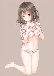 Rule 34 | absurdres, bow, bow bra, bow panties, bra, breasts, brown background, brown hair, cleavage, clothes lift, full body, hand on own chest, highres, original, panties, shirt, shirt lift, short hair, simple background, solo, striped clothes, striped shirt, unasaka ryou, underwear