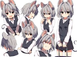 Rule 34 | 1girl, alternate costume, angry, animal ears, back, blush, character sheet, expressions, fingers together, greatmosu, grey hair, highres, index fingers together, long sleeves, looking at viewer, mouse ears, mouse tail, multiple persona, nazrin, open mouth, profile, red eyes, shirt, short hair, simple background, skirt, smile, sweatdrop, sweater, sweater vest, tail, touhou, white background