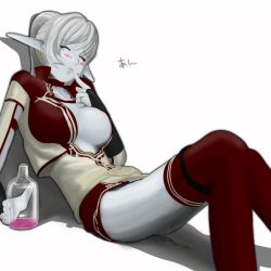 Rule 34 | 1girl, artist request, blue skin, blush, choker, colored skin, dark elf, dark elf (lineage 2), drunk, elf, high collar, lineage, lineage 2, no panties, open clothes, open shirt, peeing, pointy ears, pussy juice, shirt, solo, thighhighs