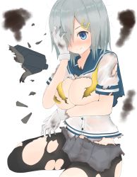 Rule 34 | 10s, 1girl, black pantyhose, blue eyes, breasts, cleavage, covering privates, covering breasts, damaged, female focus, gloves, grey skirt, hair ornament, hair over one eye, hairclip, hamakaze (kancolle), hand on own face, highres, kantai collection, large breasts, maosame, neckerchief, pantyhose, pleated skirt, sailor collar, school uniform, serafuku, shirt, short hair, silver hair, simple background, skirt, solo, torn clothes, torn pantyhose, torn shirt, torn skirt, white background, white gloves, yellow neckerchief