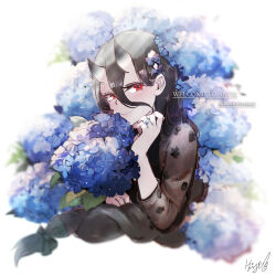 Rule 34 | 1girl, abyssal ship, battleship princess, black dress, black hair, blue flower, bouquet, colored skin, dress, english text, flower, hair between eyes, hair between horns, hi ye, horns, jewelry, kantai collection, long hair, looking at viewer, red eyes, ring, skin-covered horns, smile, solo, very long hair, wedding ring, white skin