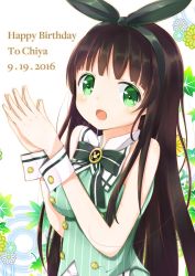Rule 34 | 1girl, :d, bare shoulders, blunt bangs, blush, bow, bowtie, breasts, brooch, brown hair, character name, commentary request, dated, english text, fingers together, flower, gochuumon wa usagi desu ka?, green bow, green bowtie, green eyes, green hairband, green shirt, hairband, happy birthday, highres, jewelry, large breasts, leaf, long hair, looking at viewer, open mouth, own hands together, shirt, sisochair, smile, solo, striped clothes, striped shirt, ujimatsu chiya, upper body, vertical-striped clothes, vertical-striped shirt, wrist cuffs