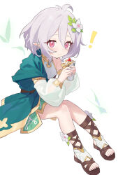 Rule 34 | !, 1girl, blush, commentary, crepe, detached sleeves, dress, eating, elf, eyelashes, flower, food, gladiator sandals, green dress, grey hair, hair between eyes, hair flower, hair ornament, hands up, highres, holding, knees together feet apart, kokkoro (princess connect!), legs, long sleeves, looking at viewer, measho, medium hair, pink eyes, pointy ears, princess connect!, puffy long sleeves, puffy sleeves, sandals, see-through, see-through sleeves, shiny skin, simple background, sitting, sleeveless, sleeveless dress, solo, toenails, toes, two-tone dress, white background, white dress, white flower