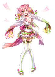 Rule 34 | 1girl, :d, back bow, black neckwear, blonde hair, blush, bow, breasts, choker, cleavage, collarbone, cosmos (flower knight girl), detached sleeves, fingernails, floral print, flower knight girl, full body, green nails, hair flaps, hands on own face, highres, knees together feet apart, large breasts, leaf lsd, looking at viewer, multicolored hair, nail polish, open mouth, pink bow, pink hair, pink skirt, print skirt, raised eyebrows, sandals, short hair, simple background, skirt, smile, solo, standing, streaked hair, striped, striped bow, thighhighs, twintails, two-tone hair, white background, white thighhighs, yellow eyes, zettai ryouiki