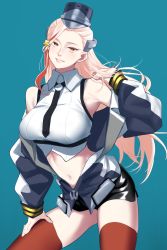 Rule 34 | 1girl, bare shoulders, black necktie, black skirt, blonde hair, blue background, breasts, collared shirt, cropped shirt, hand on own thigh, hat, headgear, highres, jacket, kantai collection, large breasts, long hair, long sleeves, looking at viewer, massachusetts (kancolle), military hat, multicolored clothes, multicolored hair, multicolored jacket, navel, necktie, off shoulder, open clothes, open jacket, parted lips, red eyes, red hair, red thighhighs, shingyou (alexander-13), shirt, side slit, skirt, sleeveless, sleeveless shirt, smile, solo, streaked hair, thighhighs, two-tone hair, two-tone jacket, white shirt