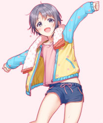 Rule 34 | 1girl, :d, grey eyes, grey hair, highres, idolmaster, idolmaster cinderella girls, jacket, long sleeves, looking at viewer, mikapoe, open clothes, open jacket, open mouth, otokura yuuki, outstretched arms, pink background, pink shirt, shirt, short hair, short shorts, shorts, smile, solo, spread arms, sweat, thighs, towel