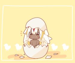 Rule 34 | 1girl, ameamee69, animal background, animal ears, bird, blonde hair, blush stickers, broken egg, brown eyes, chibi, chick, closed mouth, commentary request, faputa, hatching, long hair, made in abyss, mini person, minigirl, multicolored hair, no nipples, notice lines, nude, silhouette, solo, streaked hair, tail, white background, white fur, white hair, yellow background