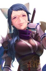 Rule 34 | 1girl, aduti momoyama, armor, blue hair, breasts, cross scar, fire emblem, fire emblem fates, fire emblem heroes, highres, japanese armor, japanese clothes, large breasts, looking at viewer, nintendo, official alternate costume, purple eyes, reina (fire emblem), reina (ninja) (fire emblem), scar, scar on face, smile, solo, upper body