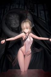 Rule 34 | 1boy, 1girl, artoria pendragon (all), artoria pendragon (fate), bdsm, bird, blonde hair, bondage, bound, breasts, cleavage, covered erect nipples, creepy, crow, crucifixion, fate/zero, fate (series), gilles de rais (caster) (fate), gradient background, green eyes, hair ribbon, highres, horror (theme), imminent rape, kneeling, legs, outstretched arms, reflection, ribbon, saber (fate), smile, spread arms, tsuki suigetsu, type-moon, very long fingernails, you gonna get raped