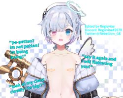 Rule 34 | 1girl, amemiya nazuna, amemiya nazuna (1st costume), angel, angel wings, arm strap, bandaid, bandaids on nipples, blue eyes, breasts, commentary, discord username, earrings, english commentary, english text, eyes visible through hair, flat chest, halo, hat, heterochromia, jacket, jewelry, key, looking at viewer, navel, off shoulder, open mouth, pasties, pink eyes, regisvine#2078, short hair, topless, virtual youtuber, vshojo, weapon, weapon on back, white hair, white hat, white jacket, wings