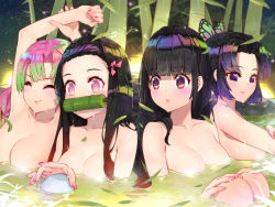 Rule 34 | &gt;:), 4girls, :o, ?, afloat, armpits, arms up, bamboo, bathing, bit gag, black hair, blunt bangs, breasts, butterfly hair ornament, cleavage, commentary request, completely nude, eighth note, fingernails, forehead, gag, gagged, gradient hair, green hair, hair ornament, hair ribbon, highres, kamado nezuko, kanroji mitsuri, kimetsu no yaiba, kochou shinobu, large breasts, leaf, long fingernails, long hair, looking to the side, medium breasts, mole, mole under eye, multicolored hair, multiple girls, musical note, nail polish, nude, onsen, parted lips, partially submerged, pink eyes, pink hair, pink nails, pink ribbon, purple eyes, purple hair, red eyes, red hair, ribbon, rock, short hair, small breasts, sparkle, stretching, tsuyuri kanao, upper body, v-shaped eyebrows, water, waterring