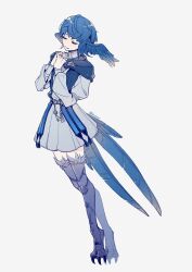 Rule 34 | 1girl, bird girl, bird legs, bird tail, bird wings, blue capelet, blue hair, capelet, closed eyes, collared dress, commentary, dress, feathered wings, final fantasy, final fantasy xiv, from side, full body, grey dress, guzuguzuu, hands up, head wings, highres, interlocked fingers, long sleeves, meteion, monster girl, own hands clasped, own hands together, praying, short hair, signature, simple background, smile, solo, standing, symbol-only commentary, tail, talons, tassel, tiptoes, twitter username, white background, wings