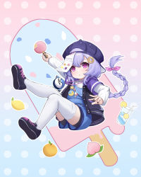 Rule 34 | 1girl, absurdres, baseball cap, bike shorts, braid, casual, coin hair ornament, commentary request, contemporary, food, full body, genshin impact, hair between eyes, hair ornament, hair ribbon, hat, highres, holding, jiangshi, jinfengkaze, long hair, long sleeves, looking at viewer, low-tied long hair, low ponytail, official alternate costume, ofuda, overalls, parted lips, popsicle, purple eyes, purple hair, qiqi (genshin impact), qiqi (suibian) (genshin impact), ribbon, shoes, sidelocks, simple background, single braid, sneakers, solo, thighhighs, wallet, white thighhighs