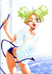 Rule 34 | 1girl, absurdres, arched back, between thighs, bikini, bikini bottom only, blonde hair, dutch angle, earrings, fang, green eyes, green hair, hand on thigh, highres, horns, hose, jewelry, leaning forward, matching hair/eyes, mori kotarou, no bra, no pants, non-web source, one eye closed, pointy ears, raim, see-through, shirt, short hair, single horn, slit pupils, smile, solo, stray little devil, swimsuit, tail, thighs, twintails, water, wet, wet clothes, wet shirt, wink