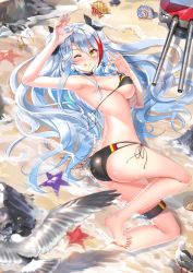 Rule 34 | 1girl, :q, animal, arm up, armpits, ass, azur lane, bare arms, bare shoulders, barefoot, beach, bikini, bird, black bikini, black ribbon, blush, breasts, brown eyes, cannon, closed mouth, commentary request, covered erect nipples, cross, day, earrings, fingernails, flag print, from above, german flag bikini, hair between eyes, hair ribbon, highres, iron cross, jewelry, large breasts, long hair, lying, mole, mole on breast, multicolored hair, on side, outdoors, prinz eugen (azur lane), prinz eugen (unfading smile) (azur lane), pulling own clothes, red hair, ribbon, sand, seagull, seashell, shallow water, shell, side-tie bikini bottom, sidelocks, silver hair, smile, solo, starfish, strap pull, streaked hair, swimsuit, swordsouls, toenails, tongue, tongue out, two side up, very long hair, water