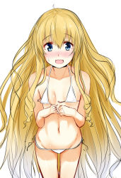 Rule 34 | 10s, 1girl, amagi brilliant park, bikini, blonde hair, blue eyes, blush, breasts, ffmania7, flat chest, from above, front-tie top, full-face blush, highres, isshiki (ffmania7), latifa fleuranza, long hair, looking at viewer, navel, nose blush, open mouth, shiny skin, small breasts, smile, solo, swimsuit, thigh gap, untied, very long hair, wavy mouth, white bikini