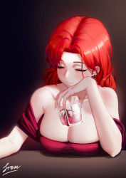 Rule 34 | 1girl, alcohol, bare shoulders, breasts, cleavage, cup, dress, drink, drinking glass, elbows on table, closed eyes, freze, highres, honkai (series), honkai impact 3rd, ice, ice cube, indoors, large breasts, long hair, murata himeko, red dress, red hair, shot glass, signature, solo