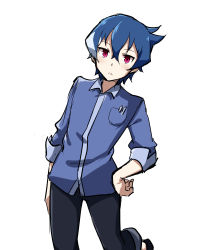 Rule 34 | 10s, 1boy, :&lt;, akiba&#039;s trip, akiba&#039;s trip the animation, black pants, blue hair, blue shirt, closed mouth, denkigai tamotsu, funkunsan, hand on own hip, highres, looking at viewer, male focus, multicolored hair, pants, red eyes, shirt, short hair, simple background, sleeves rolled up, solo, standing, standing on one leg, streaked hair, white background