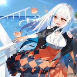 Rule 34 | 1girl, absurdres, arcaea, bird, bird on hand, black capelet, blouse, blue hair, blue sky, blurry, blurry background, bracelet, breasts, capelet, character request, checkered clothes, checkered skirt, clothing cutout, colored skin, commentary request, cowboy shot, day, frilled skirt, frills, gradient skin, highres, jewelry, large breasts, light particles, long hair, looking at animal, lower teeth only, mixed-language commentary, mizumi zumi, multicolored hair, ocean, official art, open mouth, orange eyes, orange skin, orange skirt, outdoors, railing, shirt, shoulder cutout, skirt, sky, smile, solo, sparkle, streaked hair, sunlight, teeth, white hair, white shirt
