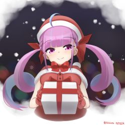 Rule 34 | 1girl, absurdres, ahoge, bow, bowtie, christmas, christmas present, closed mouth, dated, dress, gift, gloves, hat, highres, holding, holding gift, hololive, klaius, looking at viewer, minato aqua, multicolored hair, purple eyes, purple hair, red bow, red bowtie, red dress, red gloves, santa hat, smile, solo, streaked hair, twintails, twitter username, upper body, virtual youtuber