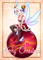 Rule 34 | 1girl, absurdres, ankle wings, bauble, bell, black pantyhose, blue eyes, blush, borrowed character, breasts, buck teeth, christmas, christmas ornaments, cleavage, commentary, dress, english commentary, fairy, fairy wings, frilled dress, frills, full body, hair bell, hair ornament, head wings, highres, jingle bell, looking at viewer, mary janes, merry christmas, mini person, minigirl, mleth, original, pantyhose, pointy ears, red dress, red footwear, shoes, short hair, silver hair, sleeveless, sleeveless dress, small breasts, solo, teeth, upper teeth only, wings