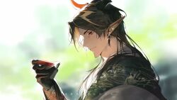 Rule 34 | 1boy, arknights, backlighting, black hair, black skin, blurry, blurry background, chong yue (arknights), colored skin, commentary request, copyright name, cup, dragon boy, dragon horns, earrings, frown, green background, highres, holding, holding cup, horns, jewelry, long hair, looking down, male focus, pointy ears, robe, sakazuki, solo, upper body, waiomori, white robe