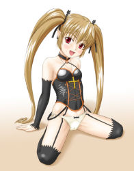 Rule 34 | 1girl, arm support, armor, black thighhighs, blush, bow, bow panties, breasts, bustier, cameltoe, detached sleeves, female focus, full body, gradient background, hair ribbon, lingerie, long hair, pachira, panties, pointy ears, renkin san-kyuu magical pokaan, ribbon, side-tie panties, sitting, solo, spread legs, thighhighs, tk4, twintails, underwear, white background, white panties