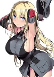 Rule 34 | 1girl, absurdres, armpits, arms up, bare shoulders, bismarck (kancolle), blonde hair, blue eyes, blush, breasts, brown gloves, closed mouth, commentary request, cowboy shot, detached sleeves, gloves, grey hat, hair between eyes, hat, highres, holding, holding clothes, holding hat, kantai collection, kuromayu, large breasts, long hair, looking at viewer, military, military hat, military uniform, peaked cap, sideboob, simple background, solo, uniform, unworn hat, unworn headwear, very long hair, white background