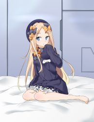Rule 34 | 1girl, :o, abigail williams (fate), absurdres, barefoot, bed sheet, black bow, black dress, black hat, blonde hair, bloomers, blue eyes, blush, bow, breasts, bug, butterfly, commentary request, dress, fate/grand order, fate (series), forehead, hair bow, hand up, hat, highres, indoors, insect, long hair, long sleeves, looking at viewer, orange bow, parted bangs, parted lips, polka dot, polka dot bow, sitting, sleeves past fingers, sleeves past wrists, small breasts, solo, sugihiro, underwear, very long hair, white bloomers, yokozuwari