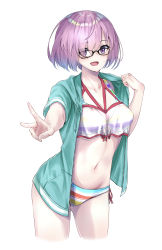 Rule 34 | 1girl, absurdres, bikini, black-framed eyewear, blush, breasts, cleavage, collarbone, commentary request, cowboy shot, cropped legs, fate/grand order, fate (series), glasses, green jacket, halterneck, hand up, highres, hood, hooded jacket, hoodie, jacket, large breasts, light purple hair, looking at viewer, m.tokotsu, mash kyrielight, mash kyrielight (swimsuit of perpetual summer ver.02), medium breasts, navel, official alternate costume, open clothes, open hoodie, open jacket, open mouth, outstretched arm, pink hair, purple eyes, purple hair, see-through, short hair, side-tie bikini bottom, simple background, smile, solo, stomach, striped bikini, striped clothes, swimsuit, v, white background