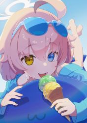 Rule 34 | 1girl, ahoge, bare legs, barefoot, blue archive, blue eyes, eyewear on head, food, hair between eyes, halo, heterochromia, highres, holding, holding food, hoshino (blue archive), hoshino (swimsuit) (blue archive), ice cream, ice cream cone, inflatable toy, jellycomeko, licking, long hair, long sleeves, looking at viewer, lying, on stomach, outdoors, pink hair, sidelocks, smile, solo, sunglasses, swimsuit, yellow eyes