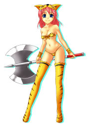 Rule 34 | 1990s (style), 1girl, animal print, axe, bikini, blue eyes, breasts, double bladed axe, fate (series), female focus, final fantasy, final fantasy v, full body, hat, heracles (fate), lenna charlotte tycoon, pink hair, retro artstyle, short hair, solo, swimsuit, thighhighs, tiger print, uchouten, weapon, white background, wristband