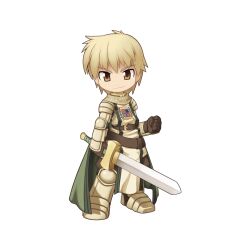 Rule 34 | 1boy, armor, armored boots, belt, blush, boots, brown belt, brown eyes, brown pants, cape, chainmail, chibi, clenched hand, closed mouth, emblem, full body, gauntlets, green cape, knight (ragnarok online), looking at viewer, male focus, medium bangs, official art, pants, pauldrons, ragnarok online, short hair, shoulder armor, simple background, smile, solo, standing, sword, tabard, tachi-e, transparent background, v-shaped eyebrows, weapon, yuichirou