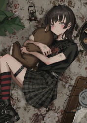 Rule 34 | 1girl, black shirt, black skirt, boots, brown hair, cellphone, checkered clothes, checkered skirt, child, earrings, expressionless, eyebrows hidden by hair, from above, full body, gishiki (gshk), goth fashion, hair intakes, hand tattoo, highres, holding, holding stuffed toy, jewelry, looking at viewer, lying, medium hair, multiple piercings, on floor, on side, original, phone, profanity, shirt, skirt, smartphone, solo, stuffed animal, stuffed toy, tattoo, teddy bear, thigh strap, yellow eyes