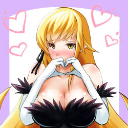 Rule 34 | 1girl, bare shoulders, blonde hair, blush, breasts, cleavage, dress, elbow gloves, female focus, gloves, heart, heart hands, kiss-shot acerola-orion heart-under-blade, large breasts, long hair, looking at viewer, monogatari (series), oshino shinobu, pointy ears, solo, upper body, very long hair, white gloves, yellow eyes, yuki mizore