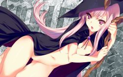 Rule 34 | 1girl, bottomless, cape, flat chest, game cg, hat, kawata hisashi, long hair, lucy maria misora, manaka de ikuno!!, naked cape, navel, nipples, pink eyes, pink hair, solo, to heart (series), to heart 2, witch, witch hat