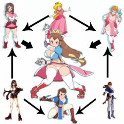 Rule 34 | 1990s (style), 6+girls, breasts, brown hair, chimerism, cleavage, crown, dead or alive, elbow gloves, elbow pads, final fantasy, final fantasy vii, fusion, gloves, gonzozeppeli, hexafusion, highres, japanese clothes, kasumi (doa), large breasts, long , long hair, low-tied long hair, mario (series), midriff, multiple girls, ninja, nintendo, pelvic curtain, princess, princess peach, retro artstyle, sword, thighhighs, tifa lockhart, weapon